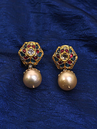 Blue Red Gold and Diamond Earrings with Pearls
