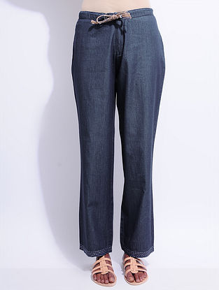 Blue Elasticated Tie-up Waist Denim Pants with Hand-embroidery