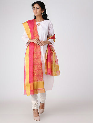 Pink-Yellow Block-printed Cotton Silk Dupatta with Zari