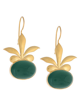 Floral Green Onyx Gold Tone Silver Earrings