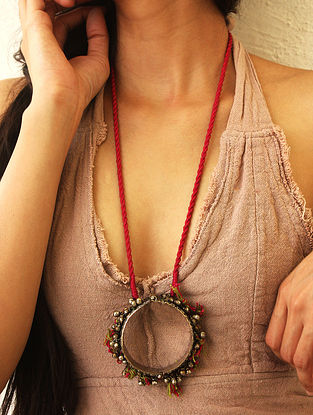 Maroon Silver Tone Vintage Handcrafted Necklace