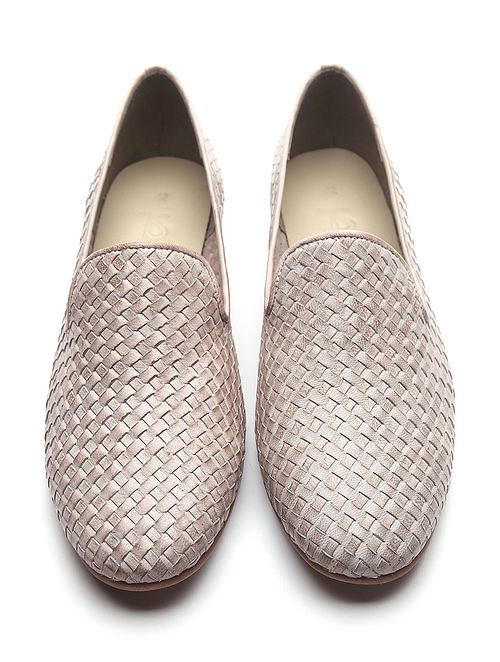 Beige Handwoven Genuine Leather Loafers