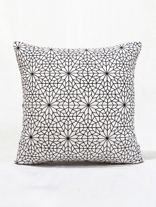 Black and White Cotton Screen Printed Cushion cover (L- 16in, W- 16in)