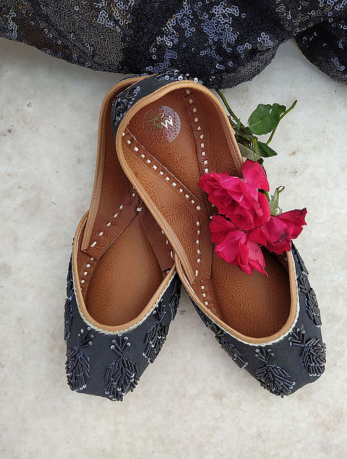Black Hand Embroidered Cotton Leather Juttis