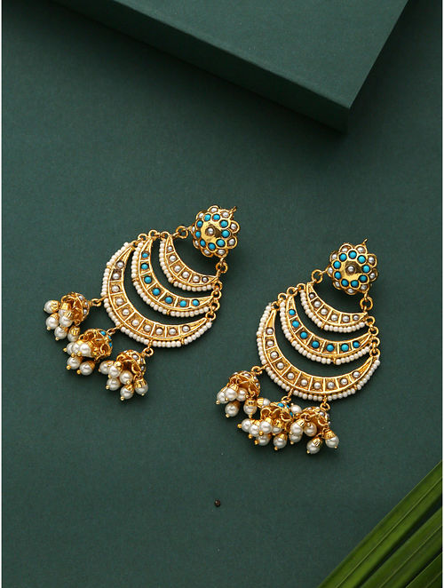 Blue Gold Plated Jadau Chandbali Earrings With Pearls
