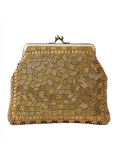 Gold Handcrafted Beaded Silk Clutch