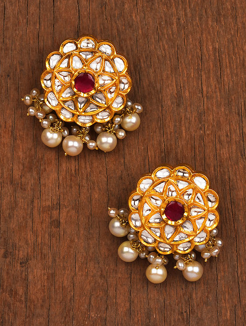 Gold Polki Earrings with  Ruby and Pearls