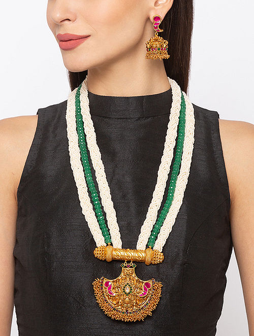 Green Pink Gold Tone Temple Necklace And Earrings With Pearls And Agate