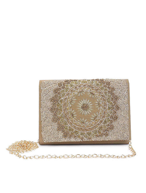 Gold Embroidered Beaded Raw Silk Clutch