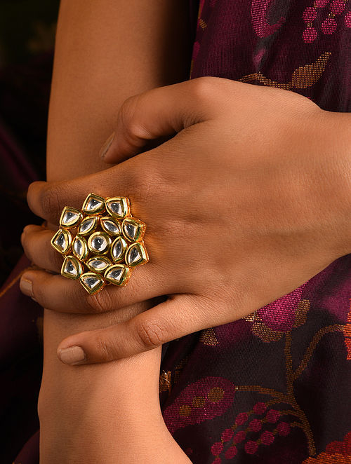 Gold Tone Kundan Adjustable Ring