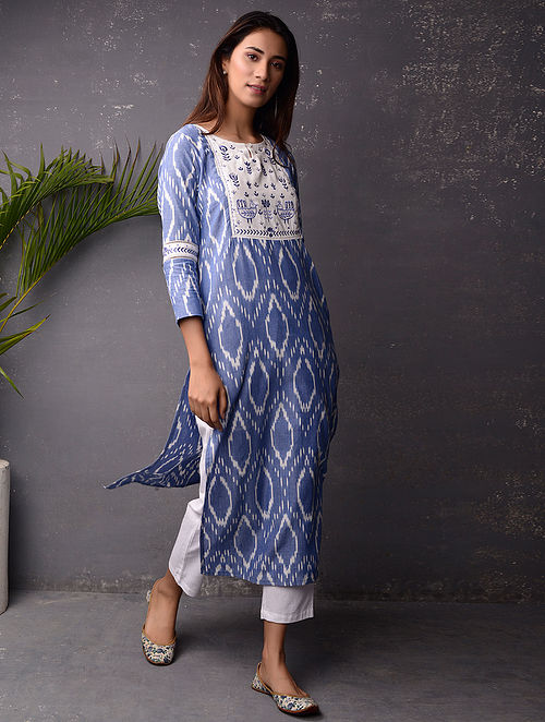 Buy Blue and White Ikat Print Cotton Kurta Online at Jaypore.com