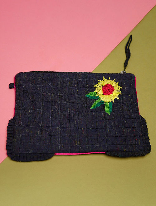 Blue Hand Embroidered Khadi Pouch