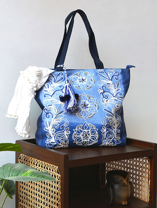 Blue Hand Embroidered Cotton Tote Bag