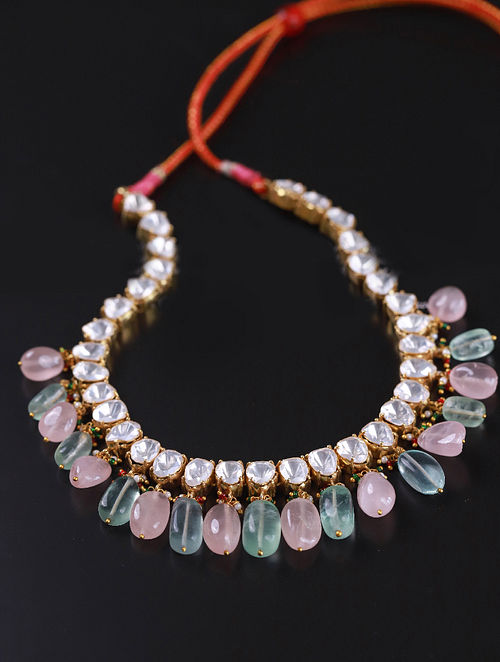Gold Pink Green Cystal Polki Silver Necklace with Rose Quartz and Fluorite