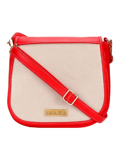 Red Beige Handcrafted Faux Leather Sling Bag
