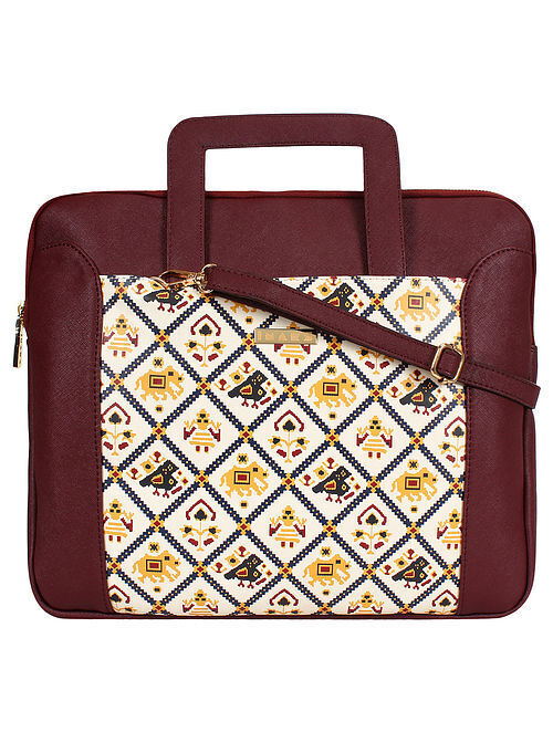 Red Handcrafted Printed Faux Leather Laptop Bag