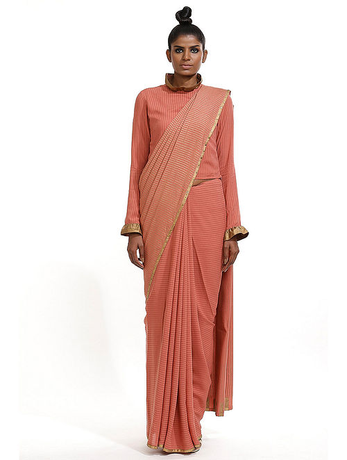 Pink  Printed  Cellulose Blend Saree With Gold Stripe