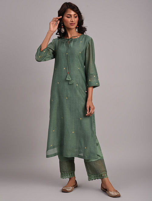 Buy Green Hand Embroidered Chanderi Kurta with Lace Detailing Online at ...