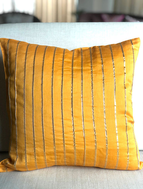 Buy Golden Yellow Chanderi Cushion Cover With Gota Details (L-16in, W-16in)  Online at Jaypore.com