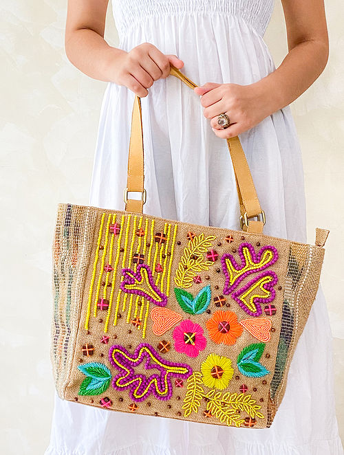 Buy Multicolored Hand Embroidered Jute Tote Bag Online at Jaypore.com