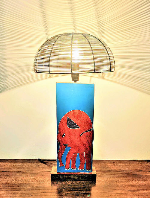 Blue and Orange Teak Wood Handcrafted Gond Art Lamp with Metal Shade