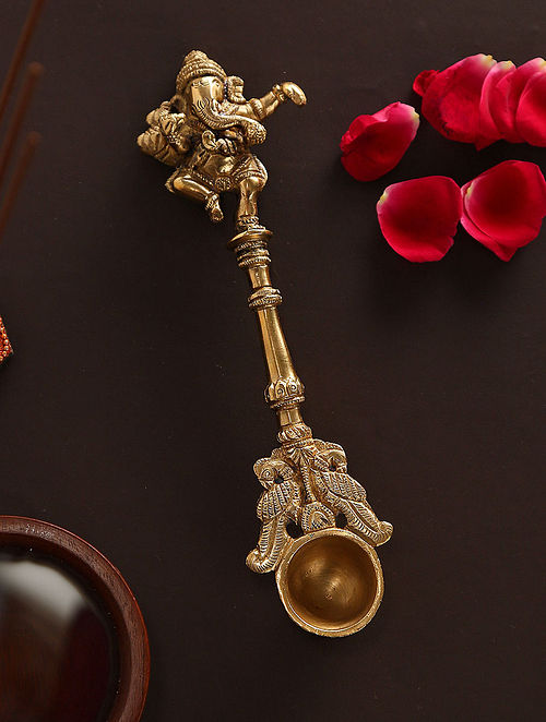 Antique Brass Ganesha Havan Spoon (L-9in, W-2.5in,H-1in)