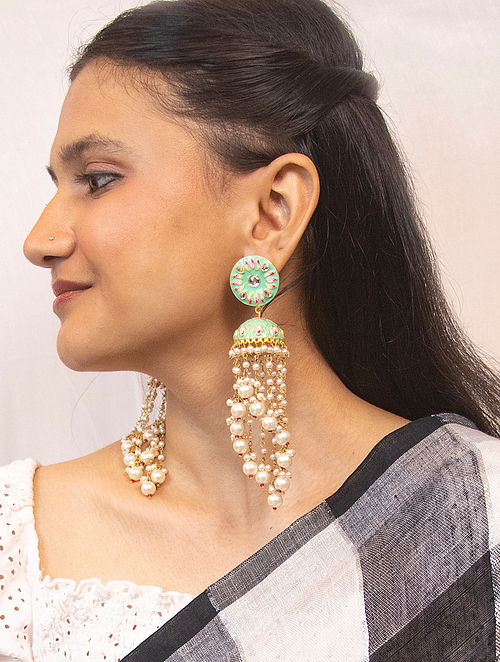 Green Gold Tone Enameled Jhumki Earrings With Pearls