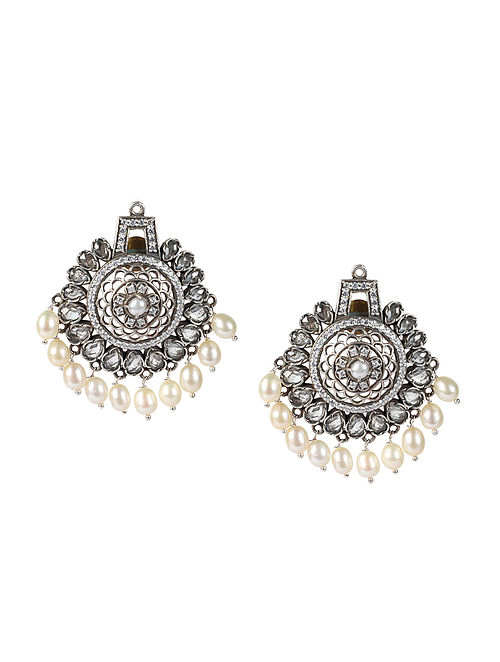 White Kundan Silver Earrings With CZ And Pearls