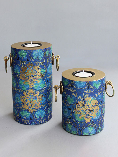 Blue Wooden Vamika Pillar Candle Holders (Set Of 2)