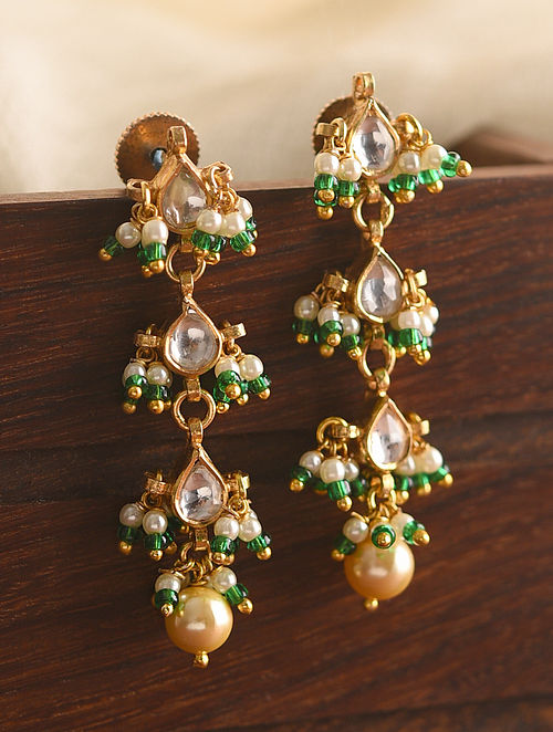 Green Gold Plated Silver Earrings With Glass And Pearls 
