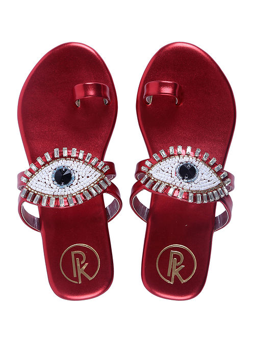 Red Handcrafted Faux Leather Kolhapuri Flats for Girls
