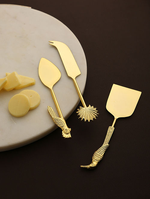 Gold Tone Bird And Flower Design Cheese Set (Set of 3)