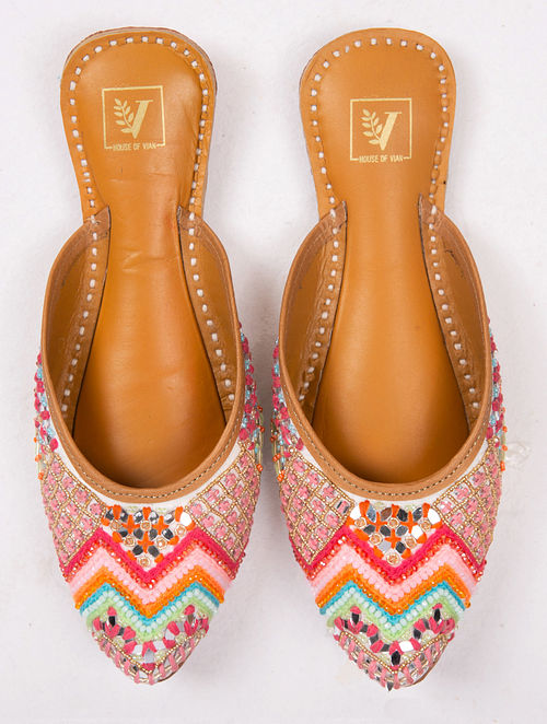 Multicolored Hand Embroidered Beaded Crepe Leather Mojaris