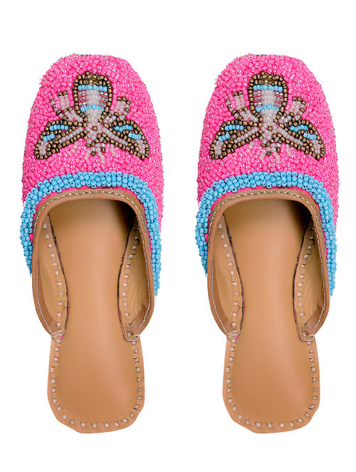 Pink Blue Handcrafted Beaded Leather Mojaris For Girls