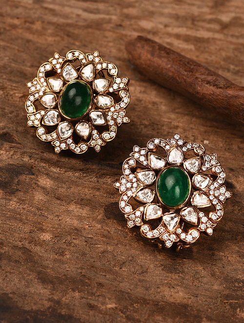 Gold Polki Earrings With Emerald Diamonds And Uncut Diamonds