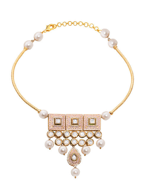 Pink Gold Tone Kundan Enameled Necklace