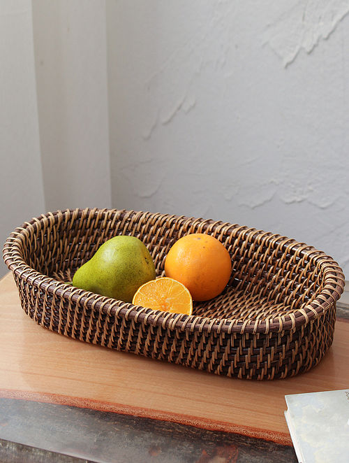 Brown And Natural Cane Miri Basket (L-7.48in, W-14.96in)