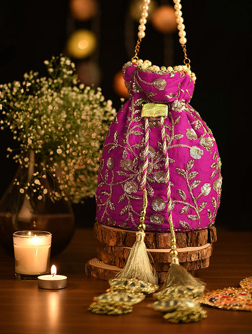 Pink Handcrafted Zardosi Silk Potli