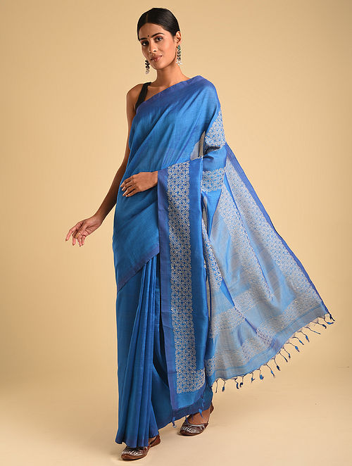 Blue Mangalgiri Embroidered Cotton Silk Saree