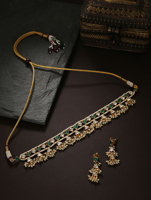 White Green Gold Tone Kundan Choker Necklace Set