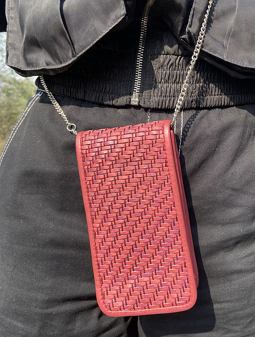 Red Handcrafted Genuine Leather Charger Mobile Case Sling