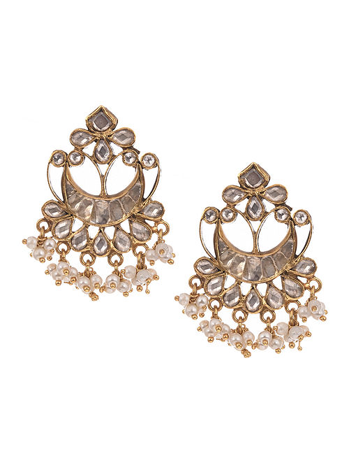 Gold Tone Silver Earrings With Pearls