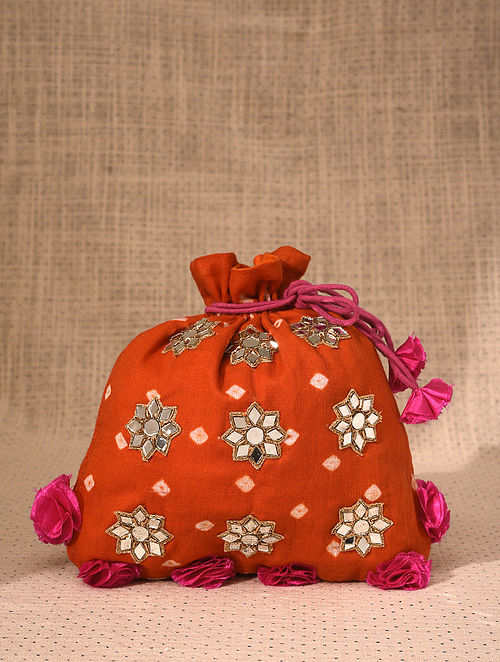 Orange Handcrafted Cotton Potli With Mirror Work