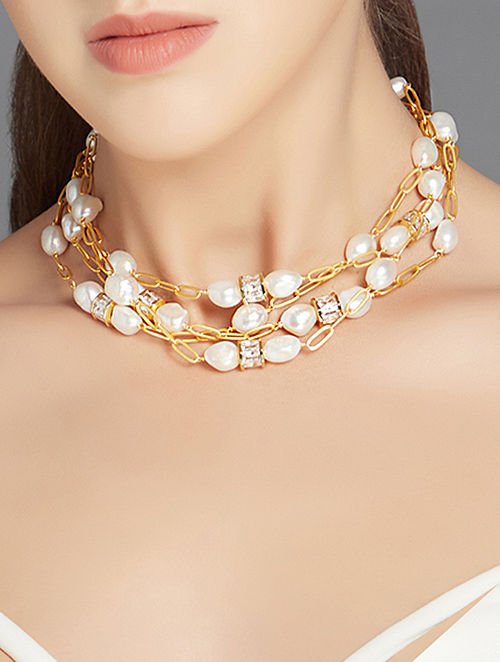 White Gold Plated Handcrafted Layered Necklace with Pearls