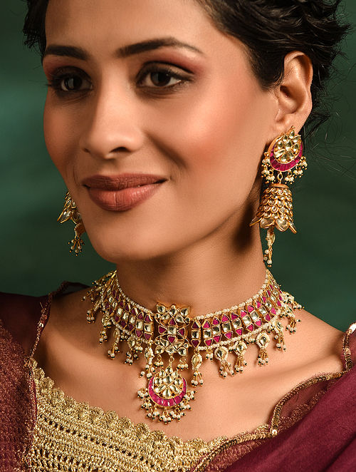 Pink Gold Plated Kundan Necklace Set with Pearls
