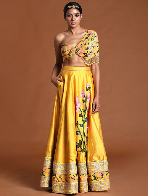 Buy Yellow Sequin Embellished Printed Lehenga with Raw Silk One ...