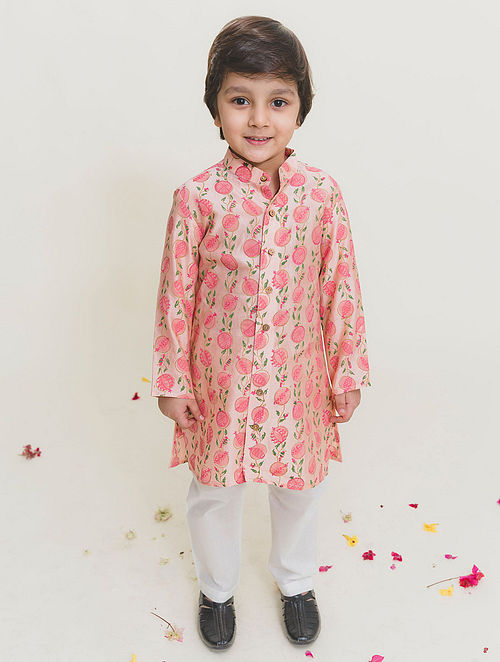 Powder Pink Handblock Printed Chanderi Kurta with Pyjama (Set of 2)