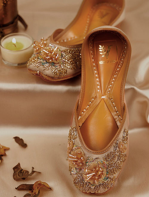 Gold Handcrafted Beaded Crepe Leather Juttis