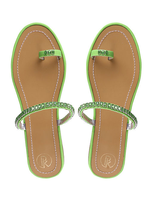 Green Handcrafted Faux Leather Flats