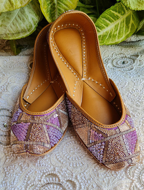 Lavender Handcrafted Sequinned Silk Leather Juttis